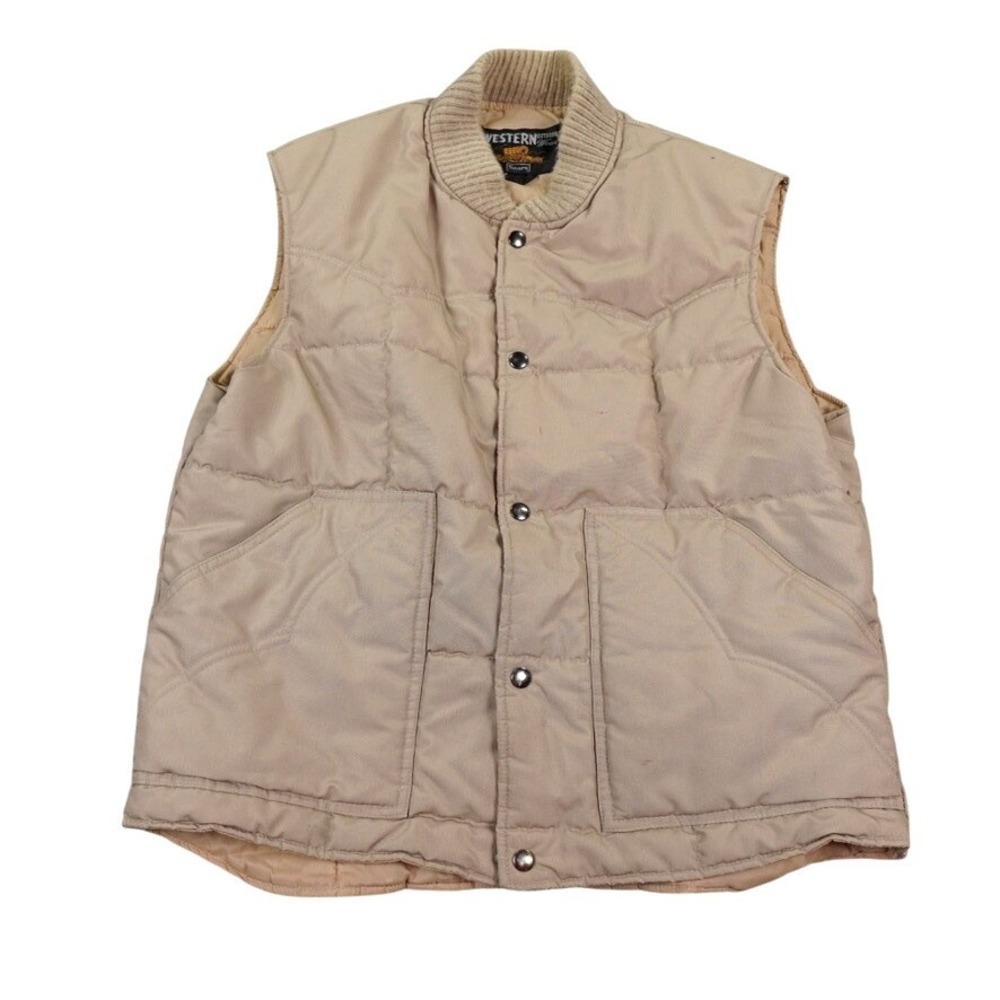 70s Western Outdoor Wear Sears Vest Mens Size L Tan VTG Quilted Snap Puffer Logo